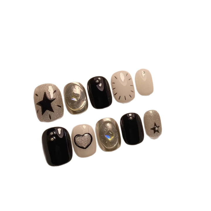 Artistic Press-On Nail Art Set with Glamorous Star and Heart Designs