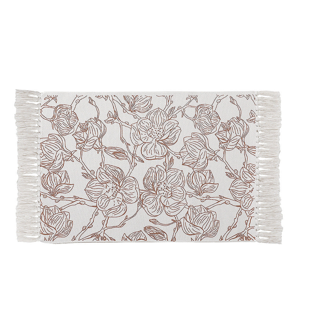 Decorative table runner made of cotton with botanical bird print and fringes Kalsten