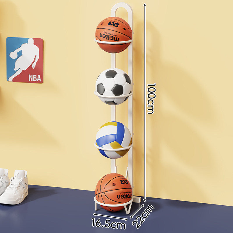 Vertical Sports Ball Storage Rack with Four Hoop Holders and Slim Metal Frame