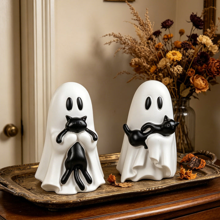 Sculptural decorative figure ghost with cat relief for shelf and sideboard