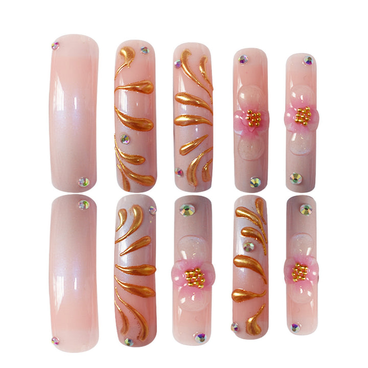 Glamorous 3D Floral Press-On Nails with Gold Accents Kalsten