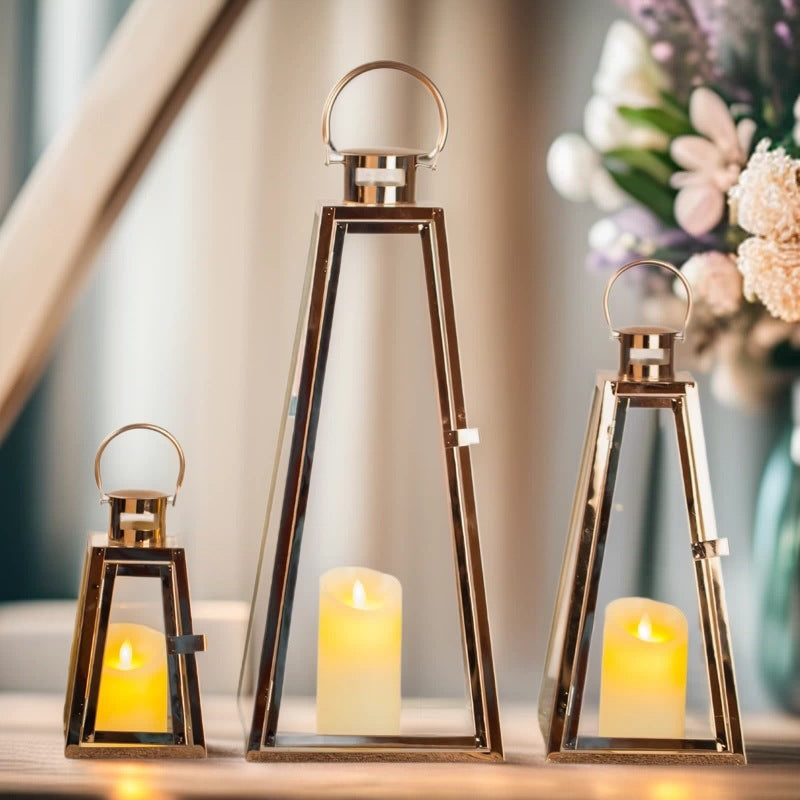Modern Triangular Glass Candle Lantern Set with Gold Metal Frame Kalsten