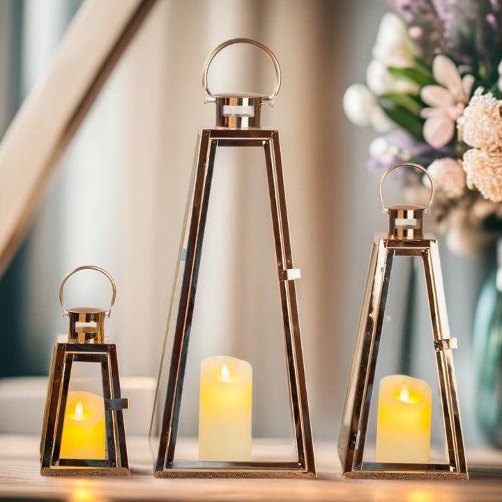 Modern Triangular Glass Candle Lantern Set with Gold Metal Frame Kalsten