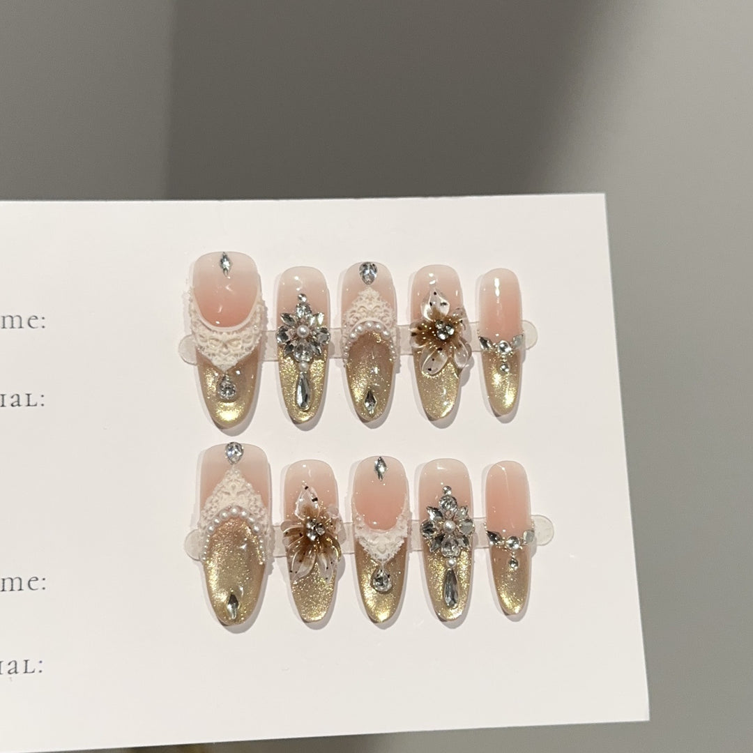 Elegant Rhinestone and Lace Press-On Nail Set