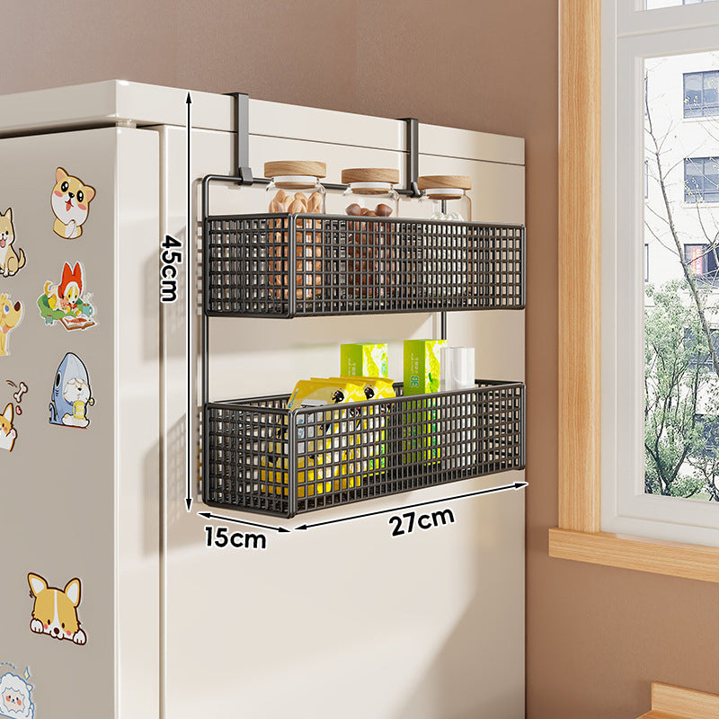 Over-Refrigerator Vertical Hanging Mesh Storage Rack with Deep Baskets and Hook Rail
