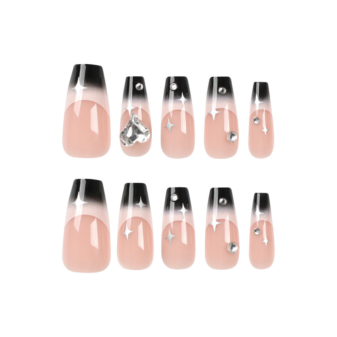 Artificial nail extensions with elegant ombre design and glitter accents Kalsten
