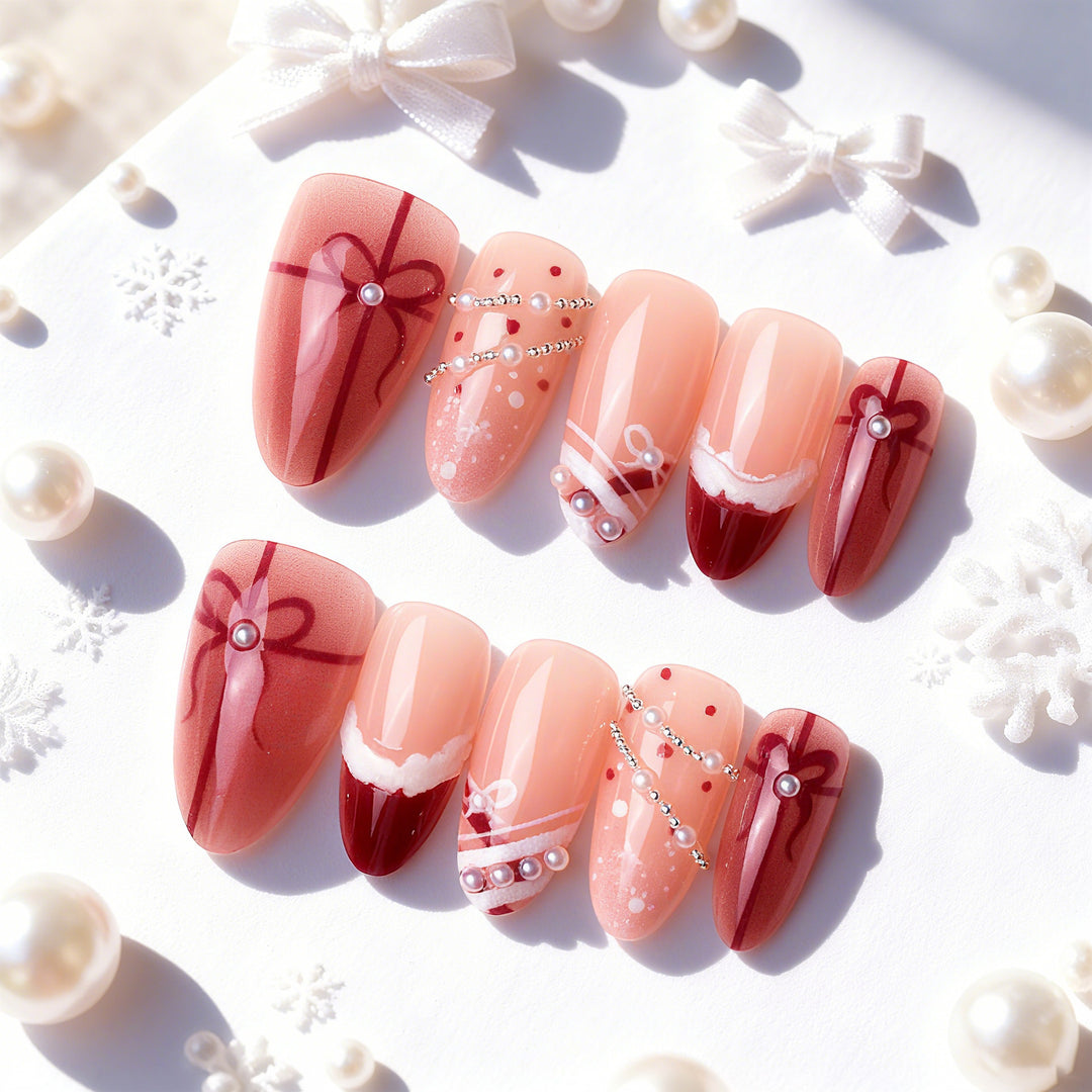 Elegant Gift-Themed Press-On Nail Art Kalsten