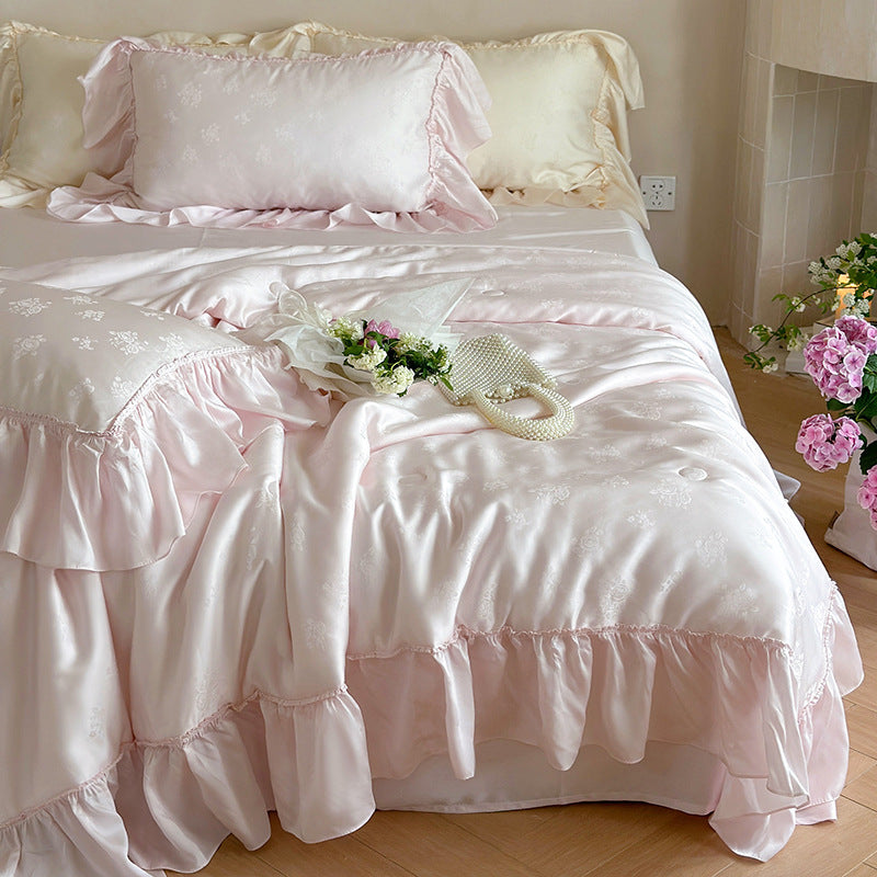 Elegant satin bedding set with jacquard floral pattern and ruffles