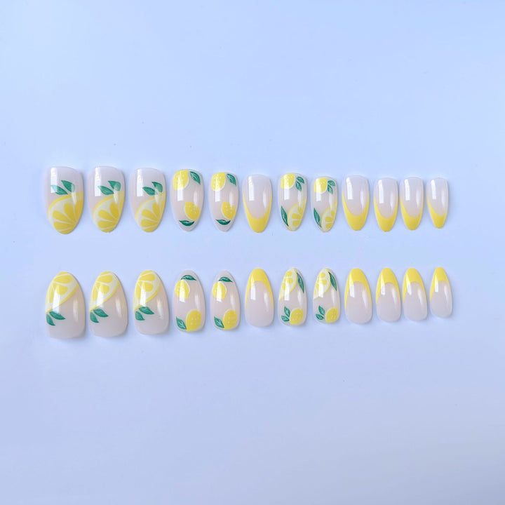 Stylish Nail Art Set with Lemon and Floral Design