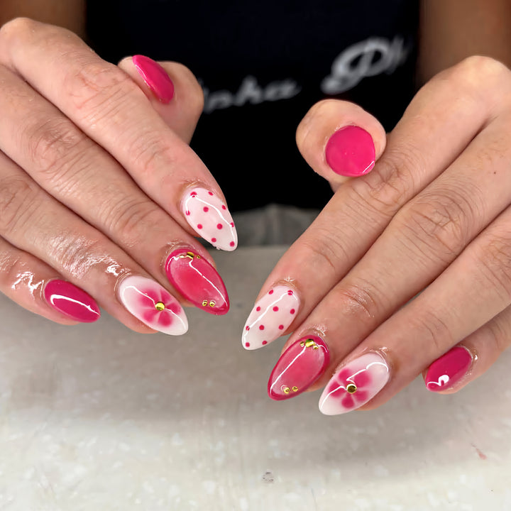 Artistic Press-On Nail Set with Floral and Dot Designs