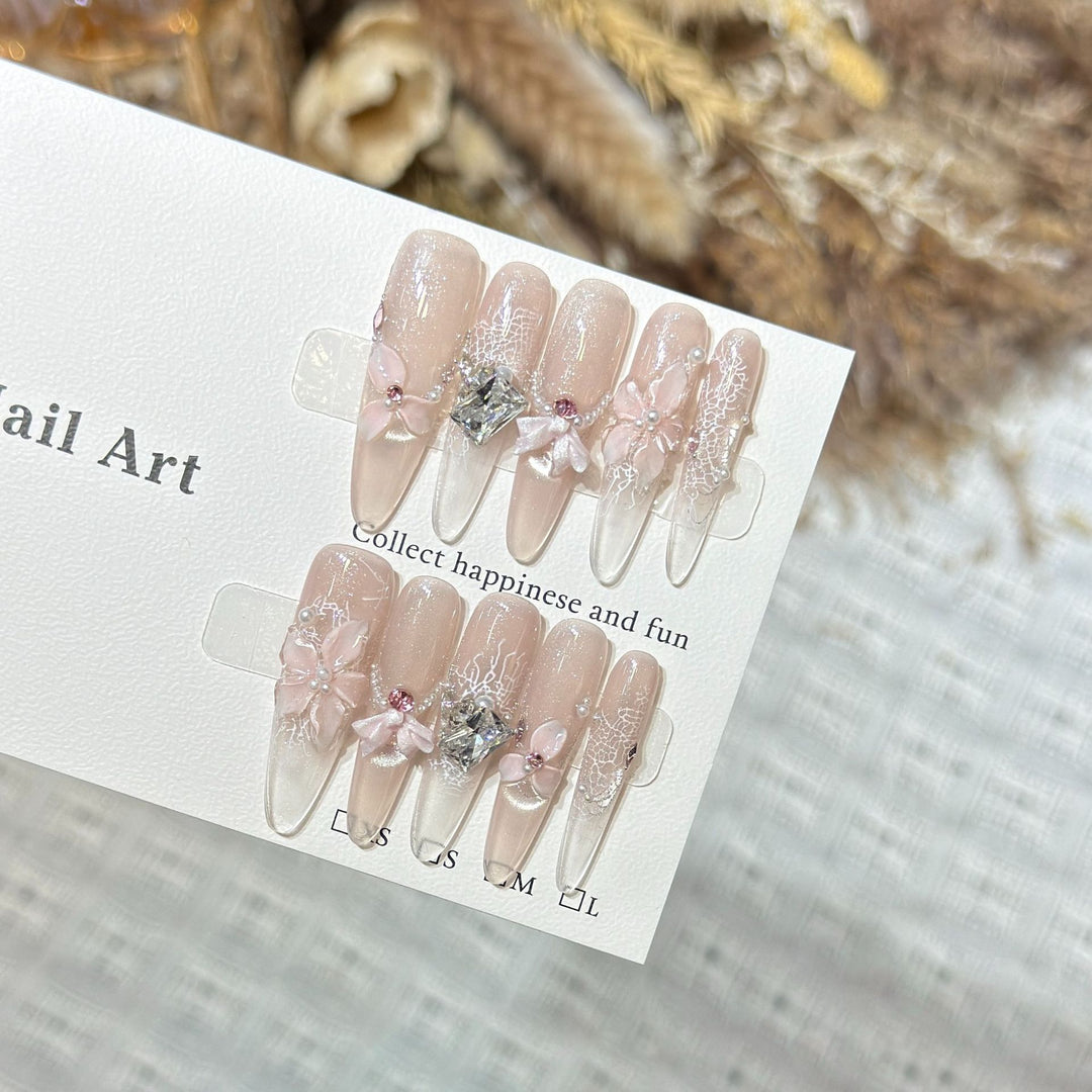 Decorative Press-On Nail Art Set with Floral and Gemstone Accents Kalsten