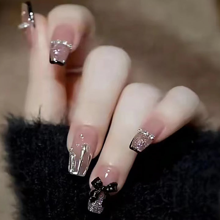 Glamorous Press-On Nail Set with Bow Accents