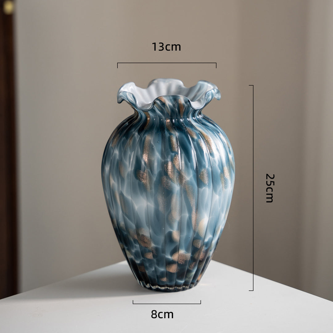 Handblown Sculptural Rippled Bulb Vase with Ruffled Neck Kalsten