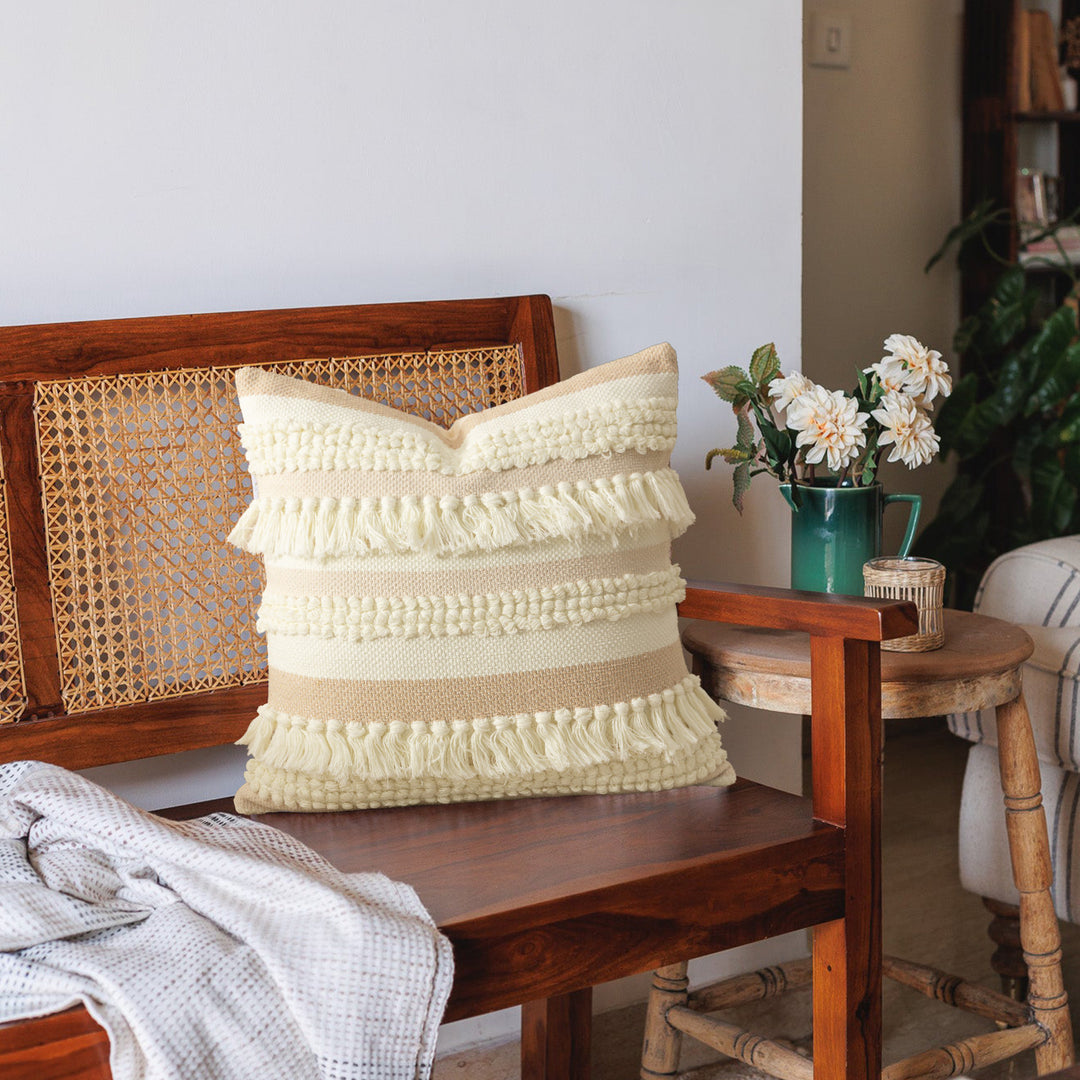 Decorative woven cushion cover with fringes and textured striped design Kalsten