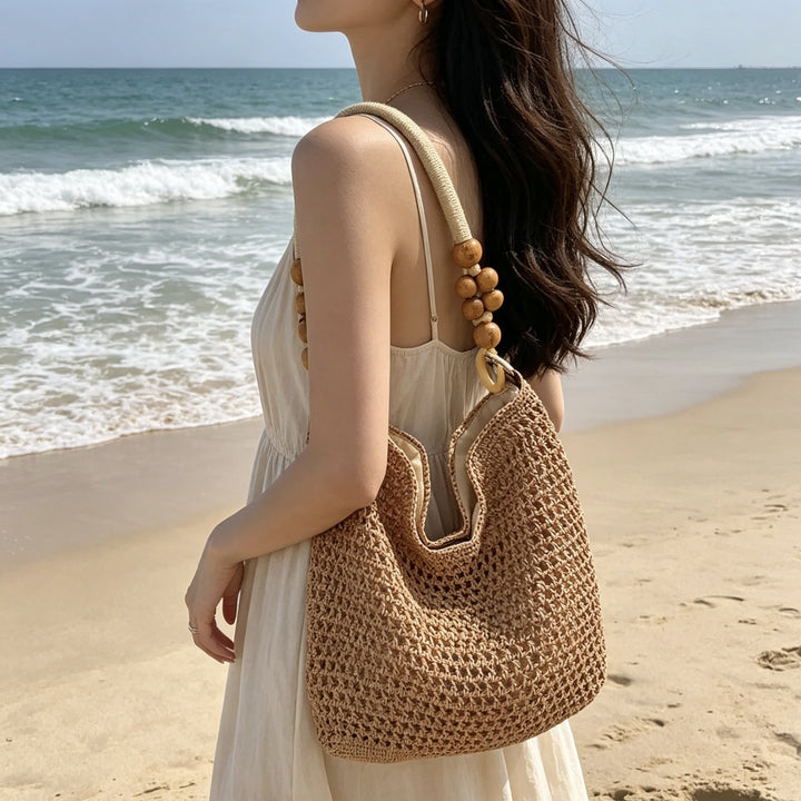 Hand-knotted macrame bag with wooden handles Kalsten