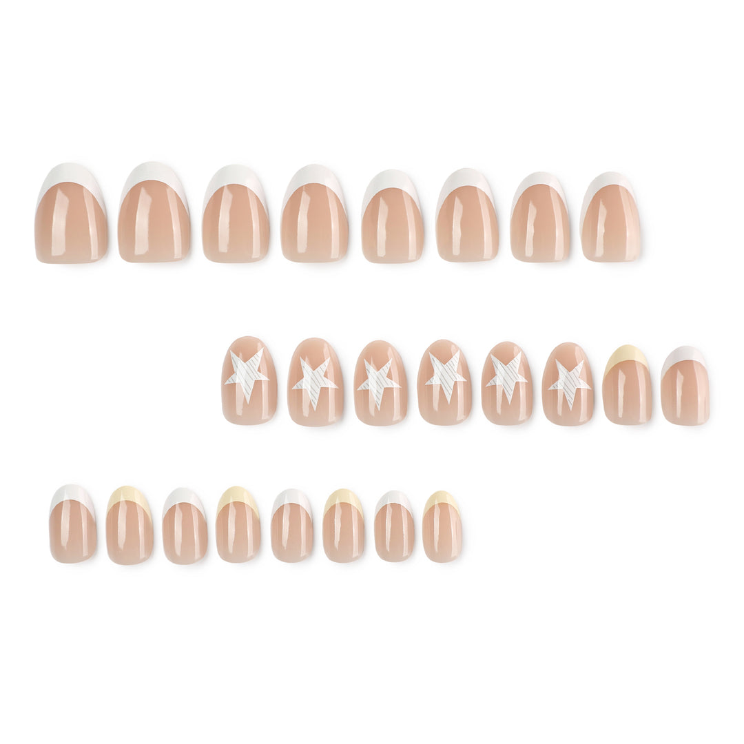 Elegant artificial nails with classic French tip and intricate star design Kalsten