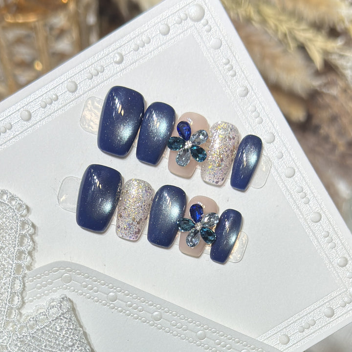 Elegant Floral Press-On Nail Set with Gemstone Accents Kalsten