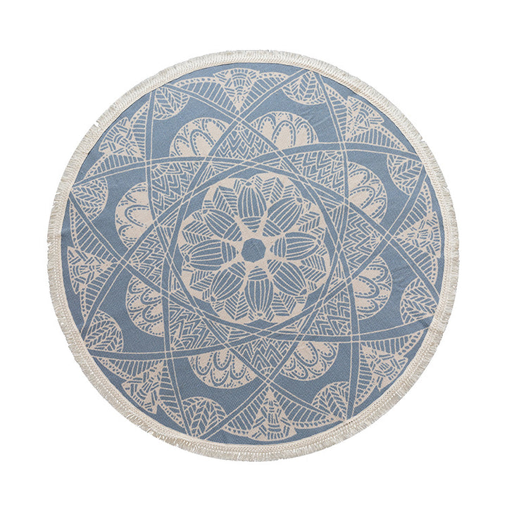 Round woven rug with mandala motif, flat cotton-jute mix and fringes Kalsten