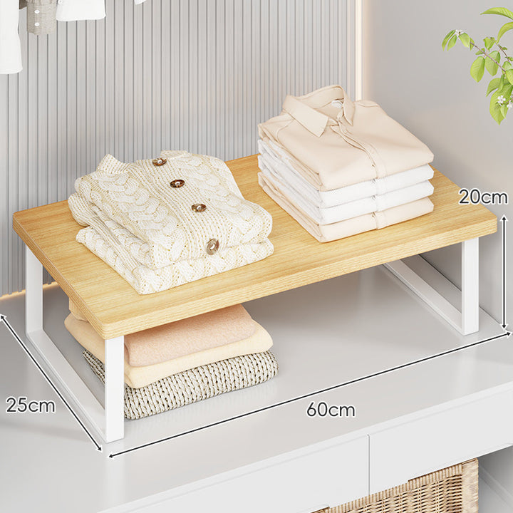 Compact Wooden-Top Metal Shelf Riser for Closet and Countertop