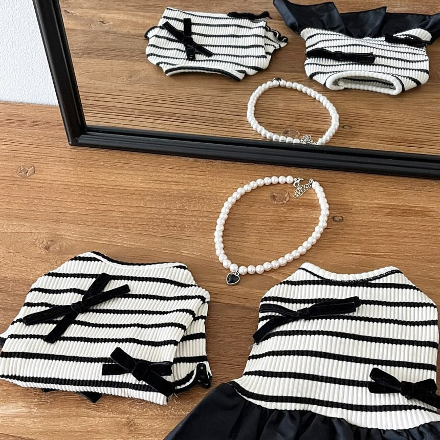 Ribbed Striped Knit Pet Dress with Ruffle Skirt &  Accent