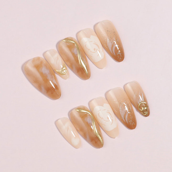 Artistic Press-On Nail Set with Gold and Floral Accents Kalsten