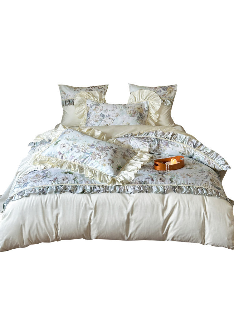 Luxurious bedding set with floral pattern, ruffles and satin finish