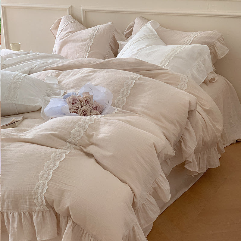 Reversible cotton-linen duvet cover set with ruffle, delicate lace trim, and breathable muslin