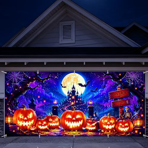 Large-format Halloween photo background made of weatherproof polyester with grommeted fastening edge and bright Haunted House motif
