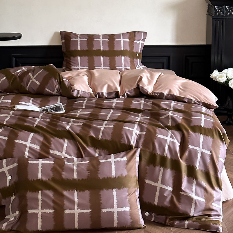 Luxurious satin bedding set with delicate rose patterns and button placket