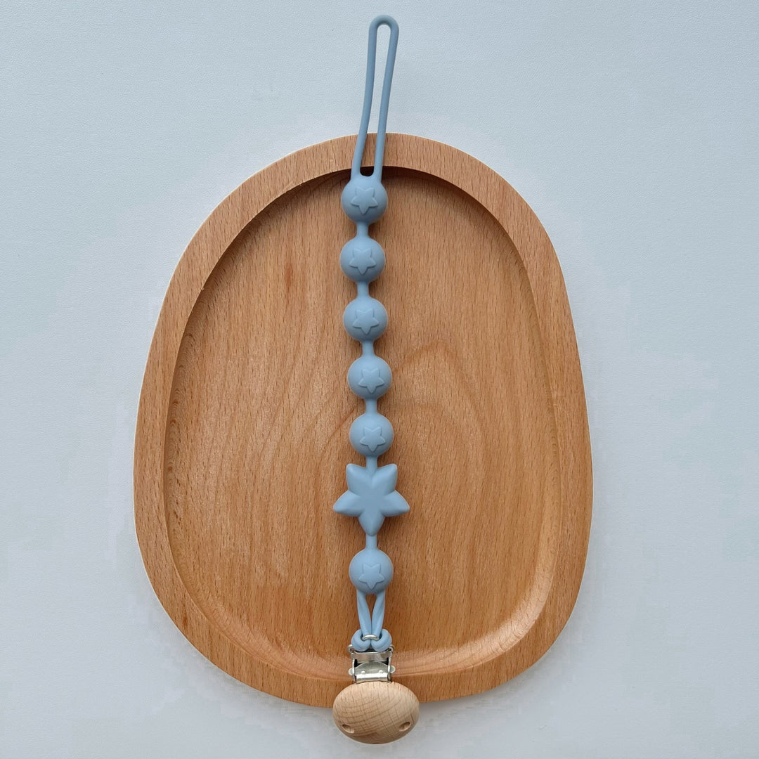Silicone Star-Bead Pacifier and Teether Clip with Wooden Safety Clamp