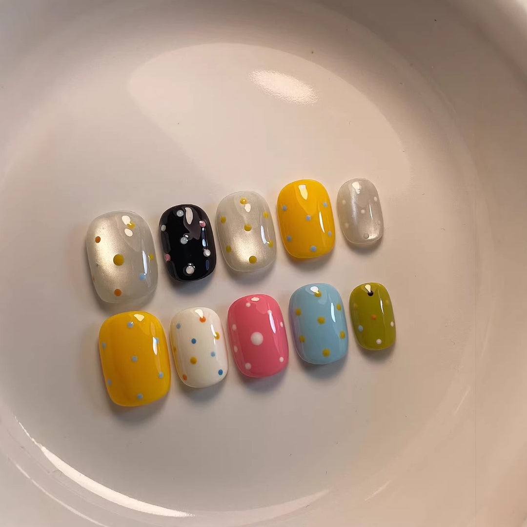 Artistic Press-On Nail Set with Colorful Dot Patterns