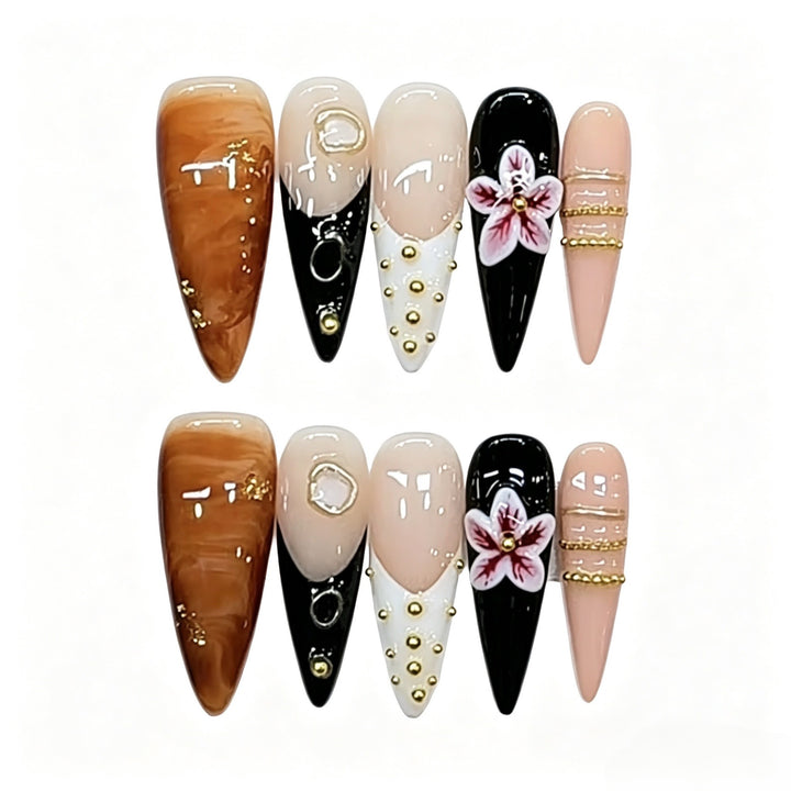 Artistic Press-On Nail Set with Floral and Gemstone Accents Kalsten