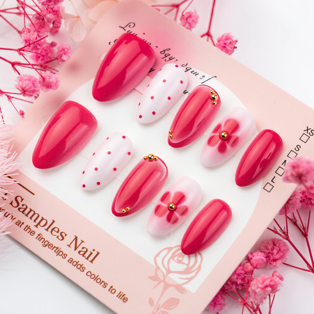 Artistic Press-On Nail Set with Floral and Dot Designs