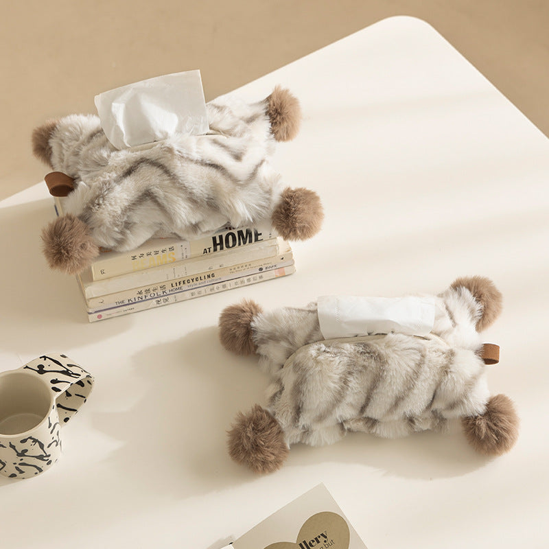 Decorative faux fur tissue box cover with pom poms and hanging handle Kalsten