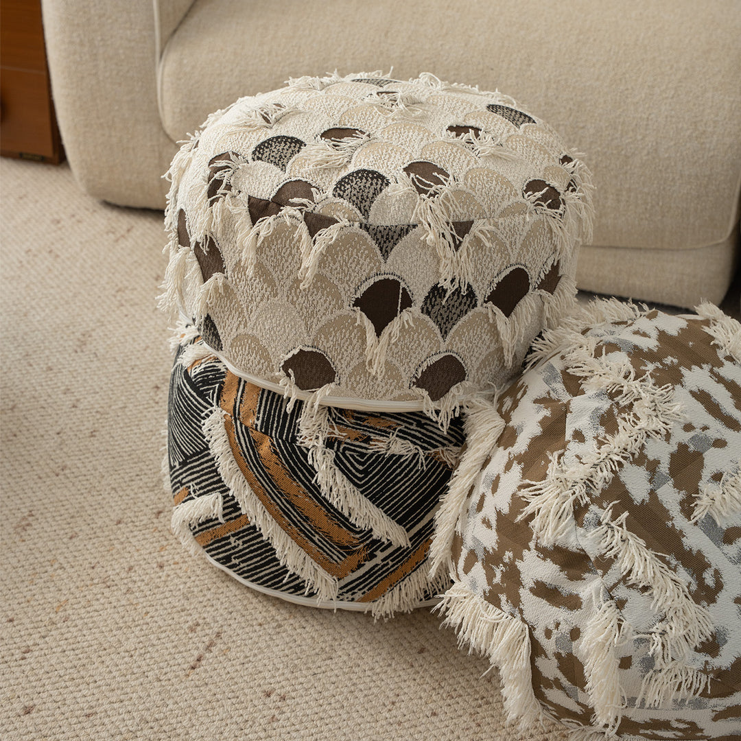 Round Boho Seat Pouf with Hand-Tufted Structure and Decorative Fringes Kalsten