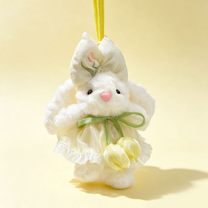 Plush Bunny Bag Charm Keychain with Decorative Bow and Floral Dress Kalsten