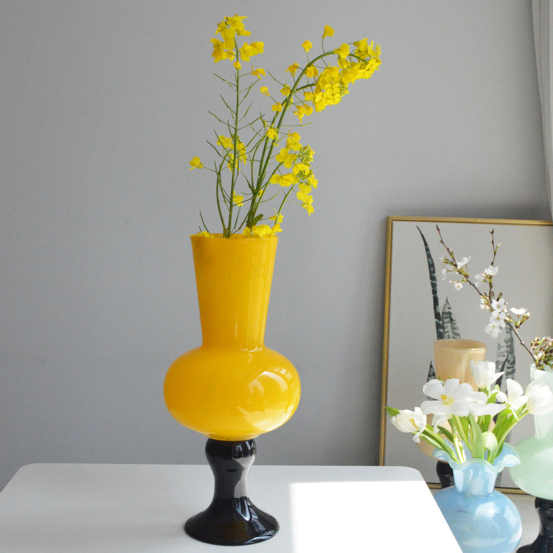 Sculptural Tall Neck Blown Glass Pedestal Vase Kalsten