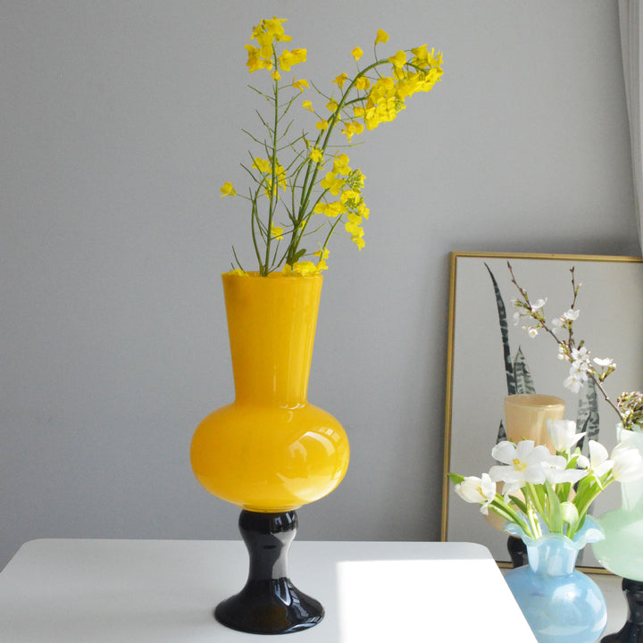 Sculptural Tall Neck Blown Glass Pedestal Vase Kalsten