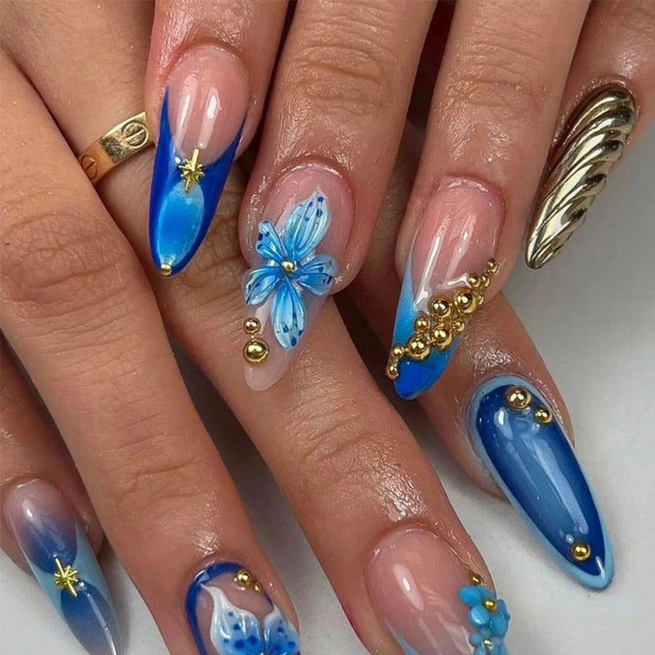 Artistic Press-On Nails with Floral and Metallic Accents Kalsten