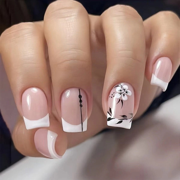 Elegant Floral French Tip Nail Art Set