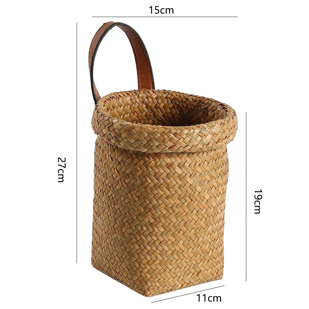 Handwoven Natural Storage Bin with Leather Trim Kalsten