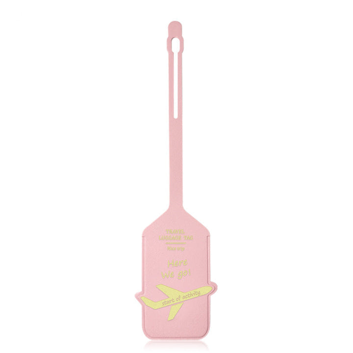 premium leather travel luggage ID tag with embossed airplane motif and adjustable strap Kalsten