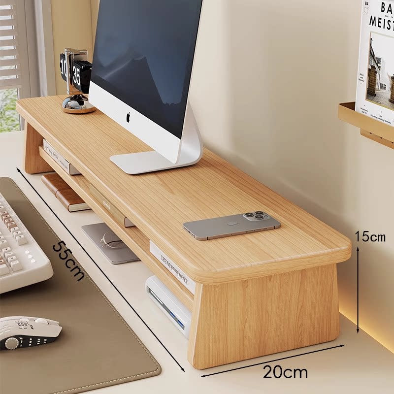 Bamboo Monitor Riser Desk Organizer with Under-Shelf and Cable Management