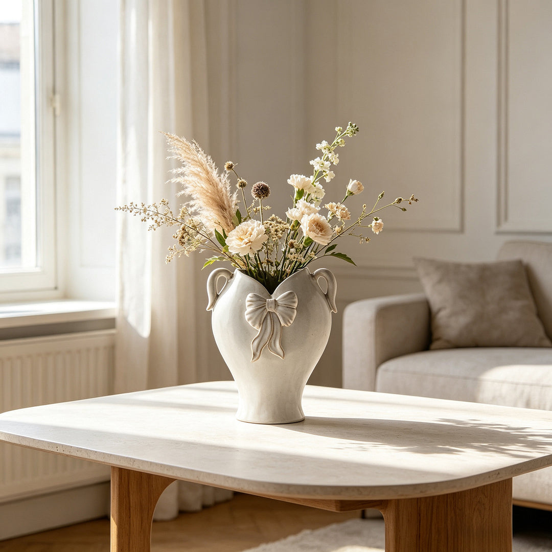 Decorative Ceramic Vase Decorated with Ribbon and Double Loop Handles