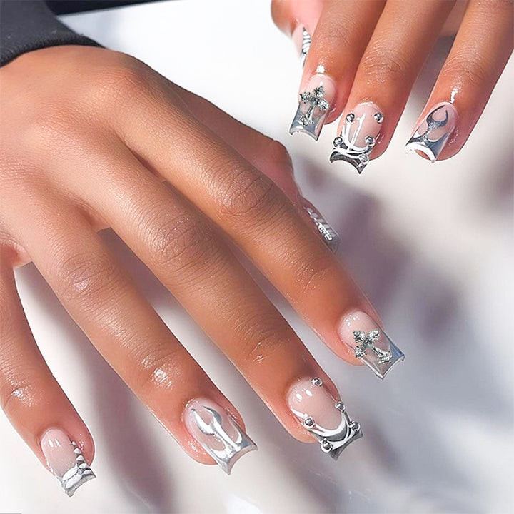Decorative Press-On Nail Art Set with Stylish Marble and Gem Accents kalsten