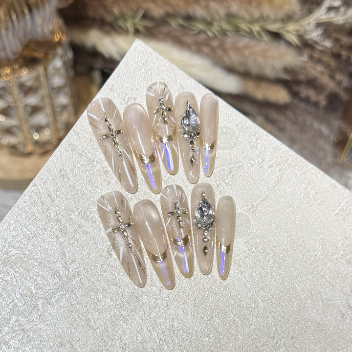 Premium Stiletto Press-On Nail Art Set with Gemstone Accents Kalsten