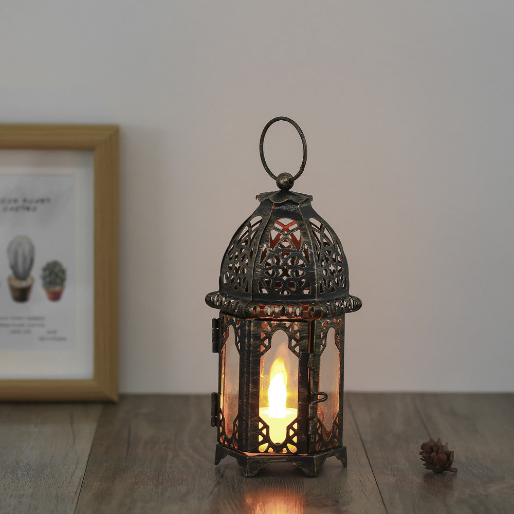 Decorative Moroccan Filigree Metal Lantern with Glass Panels and Hanging Ring Kalsten
