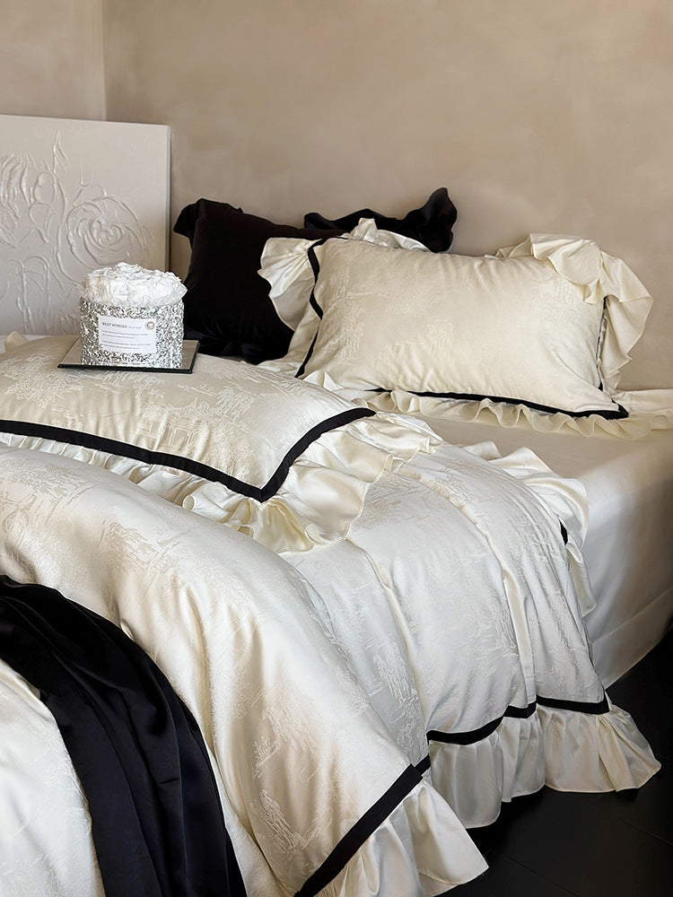 Luxurious cotton satin bedding set with jacquard texture, ruffles, and contrasting piping