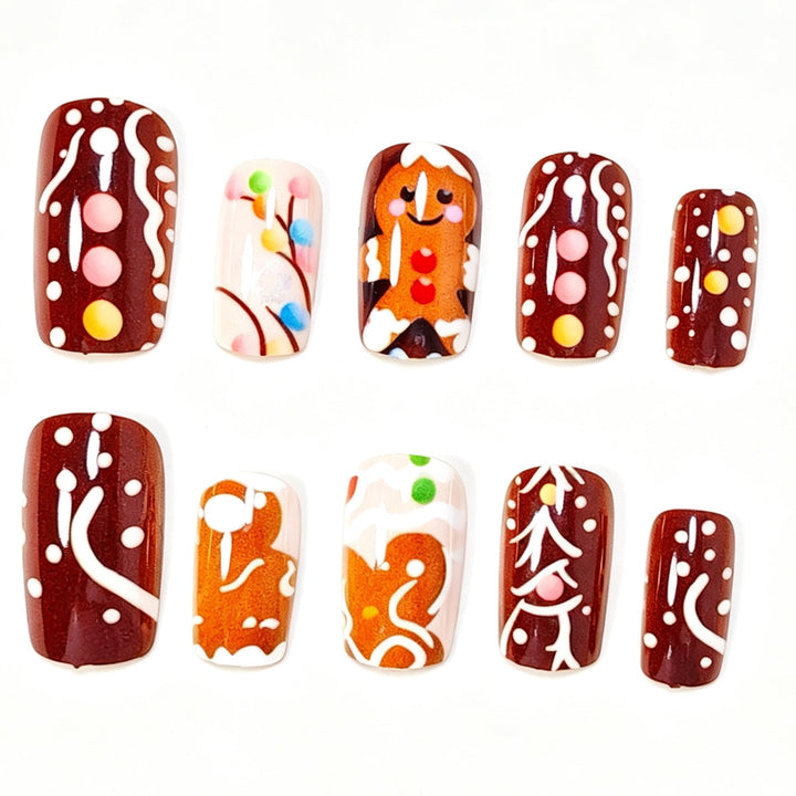 Festive Gingerbread-Themed Press-On Nail Art Kalsten