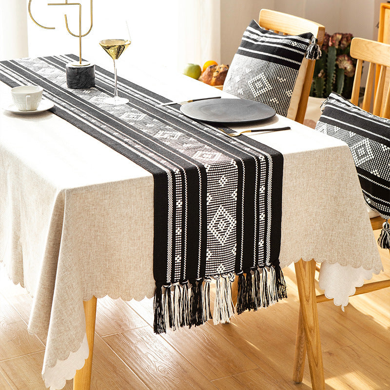 Handwoven table runner made of cotton blend with fringes and geometric dot jacquard Kalsten